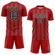 Custom Soccer Stripe Black-White Sublimation Jersey Red Line Uniform Custom Soccer Stripe Black-White Sublimation Jersey Red Line Uniform
