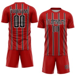 Custom Soccer Stripe Black-White Sublimation Jersey Red Line Uniform Custom Soccer Stripe Black-White Sublimation Jersey Red Line Uniform
