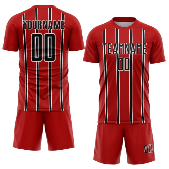 Custom Soccer Stripe Black-White Sublimation Jersey Red Line Uniform Custom Soccer Stripe Black-White Sublimation Jersey Red Line Uniform