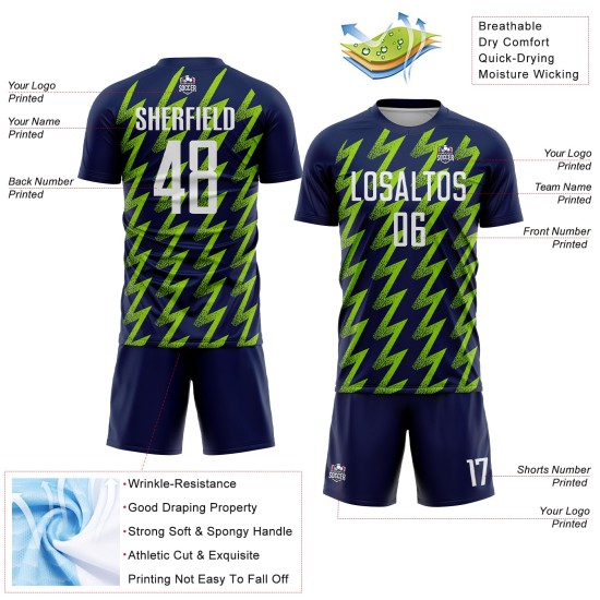 Sublimation White-Neon Custom Soccer Uniform Navy Zigzag Jersey Shape Green Sublimation White-Neon Custom Soccer Uniform Navy Zigzag Jersey Shape Green