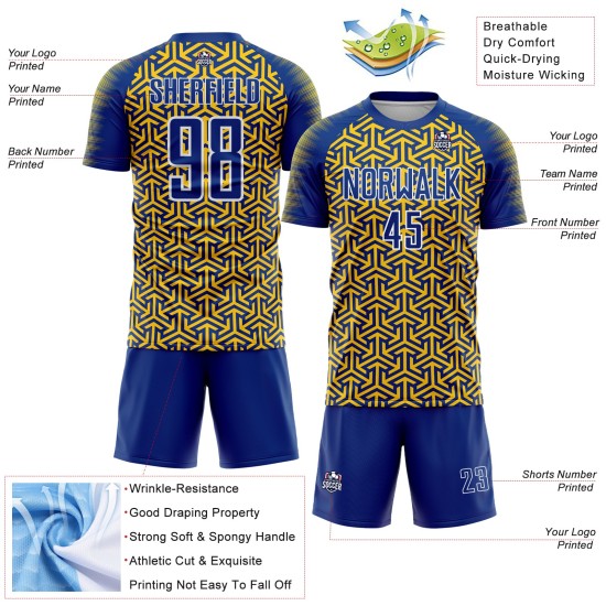Custom Geometric Jersey Soccer Arrow Royal Yellow-White Uniform Sublimation Custom Geometric Jersey Soccer Arrow Royal Yellow-White Uniform Sublimation