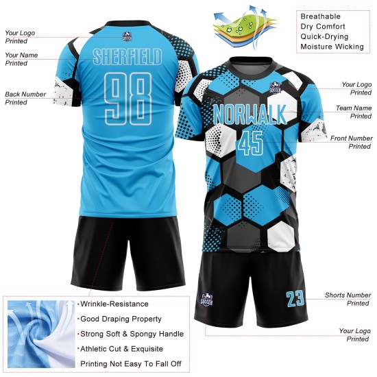 Custom Soccer Jersey Uniform Shape Sublimation Black Geometric Blue-White Sky Custom Soccer Jersey Uniform Shape Sublimation Black Geometric Blue-White Sky