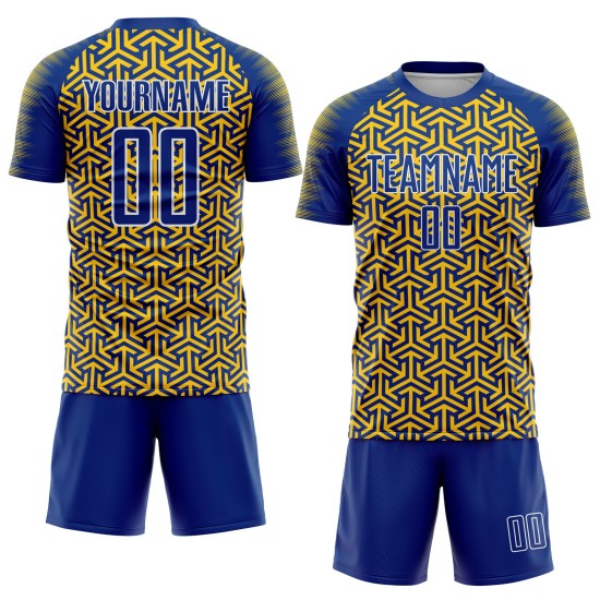 Custom Geometric Jersey Soccer Arrow Royal Yellow-White Uniform Sublimation Custom Geometric Jersey Soccer Arrow Royal Yellow-White Uniform Sublimation