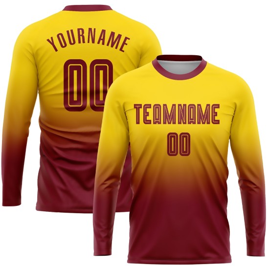 Sleeve Fashion Custom Long Uniform Fade Soccer Sublimation Jersey Crimson Gold Sleeve Fashion Custom Long Uniform Fade Soccer Sublimation Jersey Crimson Gold