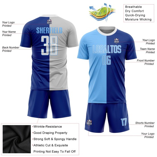 Blue-White Split Custom Sublimation Fashion Uniform Royal Light Jersey Soccer Blue-White Split Custom Sublimation Fashion Uniform Royal Light Jersey Soccer